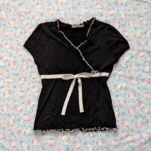 black shirt w/ white ruffles & bow | womens tops